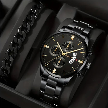 Men's 2-Piece Quartz Watch & Bracelet Set – Fashion Steel Strap Business Watch with Three-Eye Dial