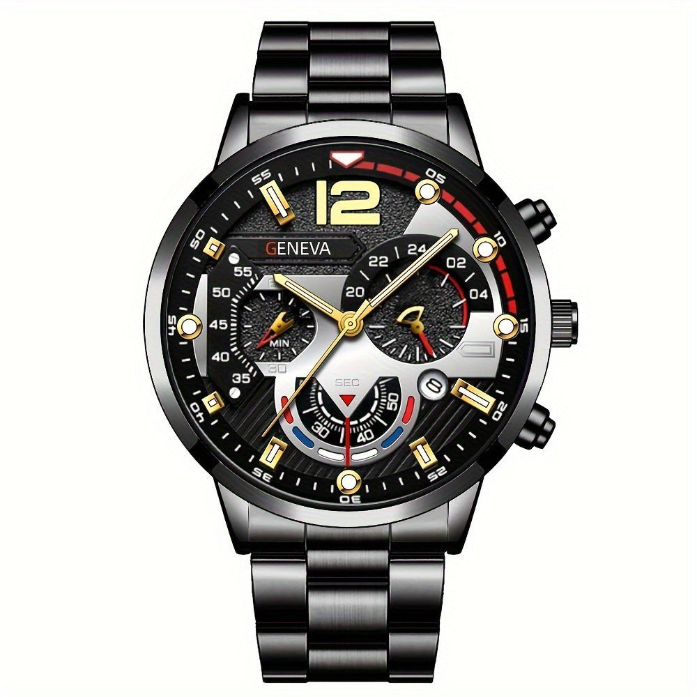 Men's 2-Piece Quartz Watch & Bracelet Set – Fashion Steel Strap Business Watch with Three-Eye Dial