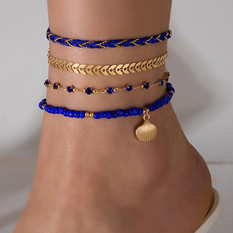 4-Piece Bohemian Anklet Set – Woven Rope & Geometric Alloy Foot Chains with Black Beads for Women