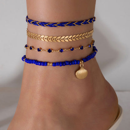 4-Piece Bohemian Anklet Set – Woven Rope & Geometric Alloy Foot Chains with Black Beads for Women