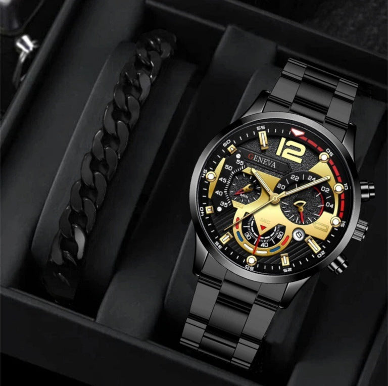 Men's 2-Piece Quartz Watch & Bracelet Set – Fashion Steel Strap Business Watch with Three-Eye Dial