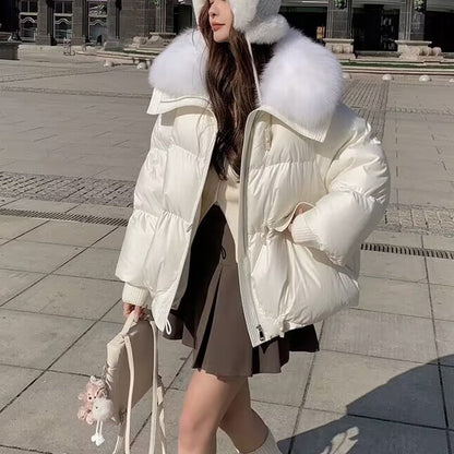 Women's Short Down Cotton-Padded Jacket – Thick Winter Coat with Fur Collar