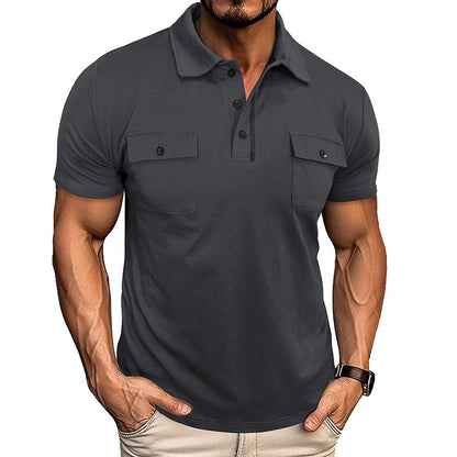 Men’s Summer Polo Shirt – Short Sleeve Button-Up with Lapel Collar & Pockets, Outdoor Casual Top