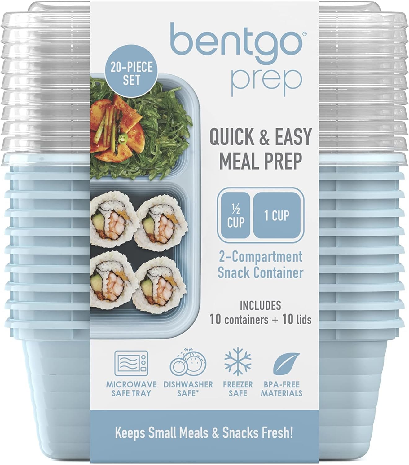 Prep - 2-Compartment Snack Containers with Custom-Fit Lids - Reusable, Microwaveable, Durable BPA -Free, Freezer and Dishwasher-Safe Meal Prep Food Storage - 10 Trays & 10 Lids (Sky)