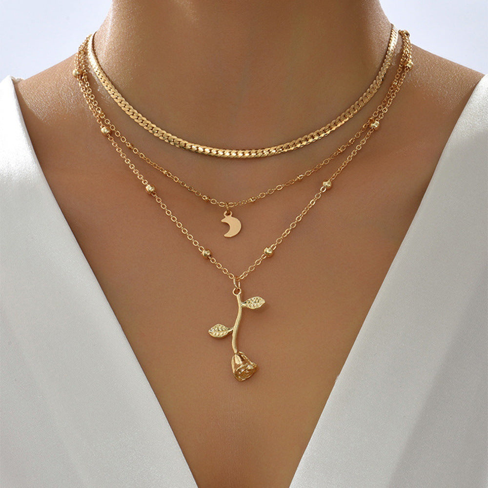 Bohemian Layered Moon & Rose Pendant Necklace – Gold Choker for Women, Fashion Jewelry Gift