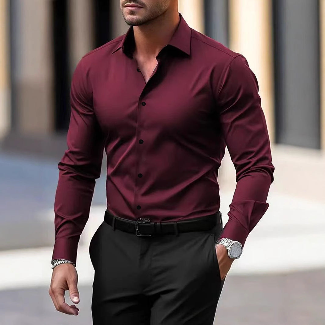 Men’s Long Sleeve Button-Down Shirt – Solid Color Business Casual Lapel Top