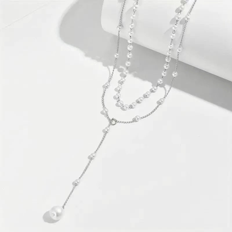 Women’s Double Layer Pearl Necklace – Twin Pearl Pendant Elegant Jewelry