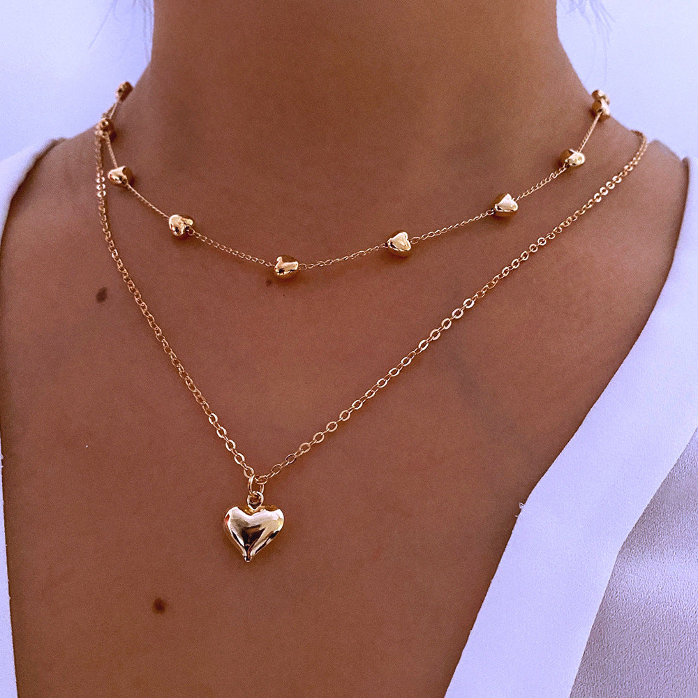 Double-Layer Heart Pendant Necklace – Gold Multilayer Fine Chain Jewelry for Women