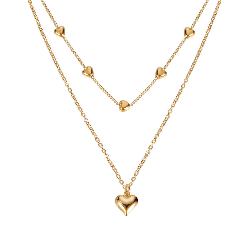 Double-Layer Heart Pendant Necklace – Gold Multilayer Fine Chain Jewelry for Women