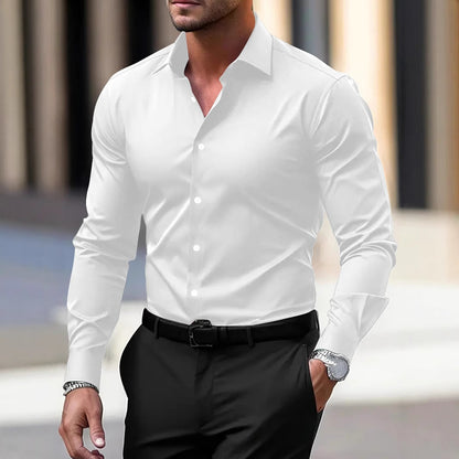 Men’s Long Sleeve Button-Down Shirt – Solid Color Business Casual Lapel Top