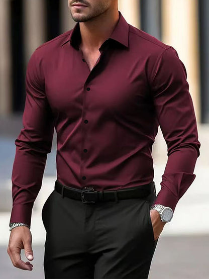 Men’s Long Sleeve Button-Down Shirt – Solid Color Business Casual Lapel Top