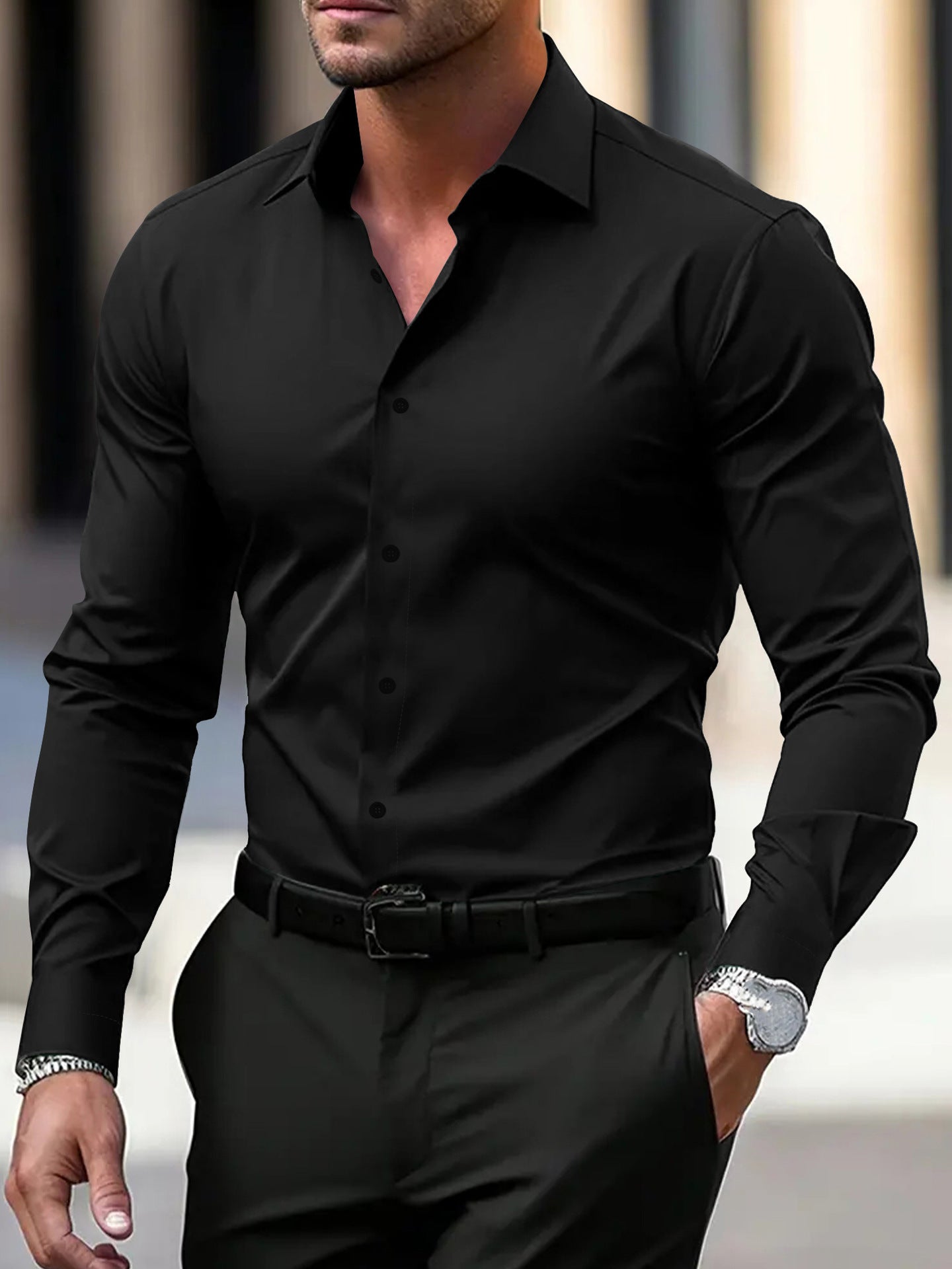Men’s Long Sleeve Button-Down Shirt – Solid Color Business Casual Lapel Top
