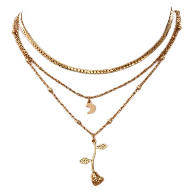 Bohemian Layered Moon & Rose Pendant Necklace – Gold Choker for Women, Fashion Jewelry Gift