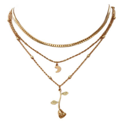 Bohemian Layered Moon & Rose Pendant Necklace – Gold Choker for Women, Fashion Jewelry Gift