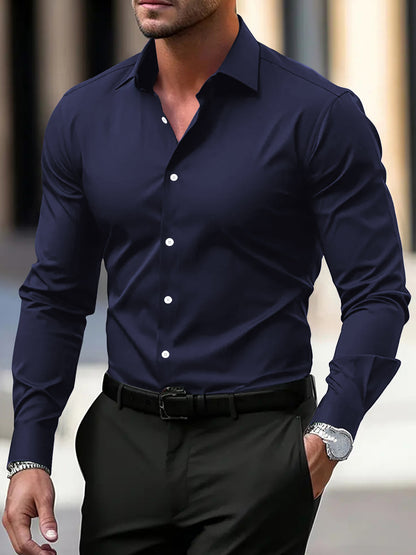 Men’s Long Sleeve Button-Down Shirt – Solid Color Business Casual Lapel Top