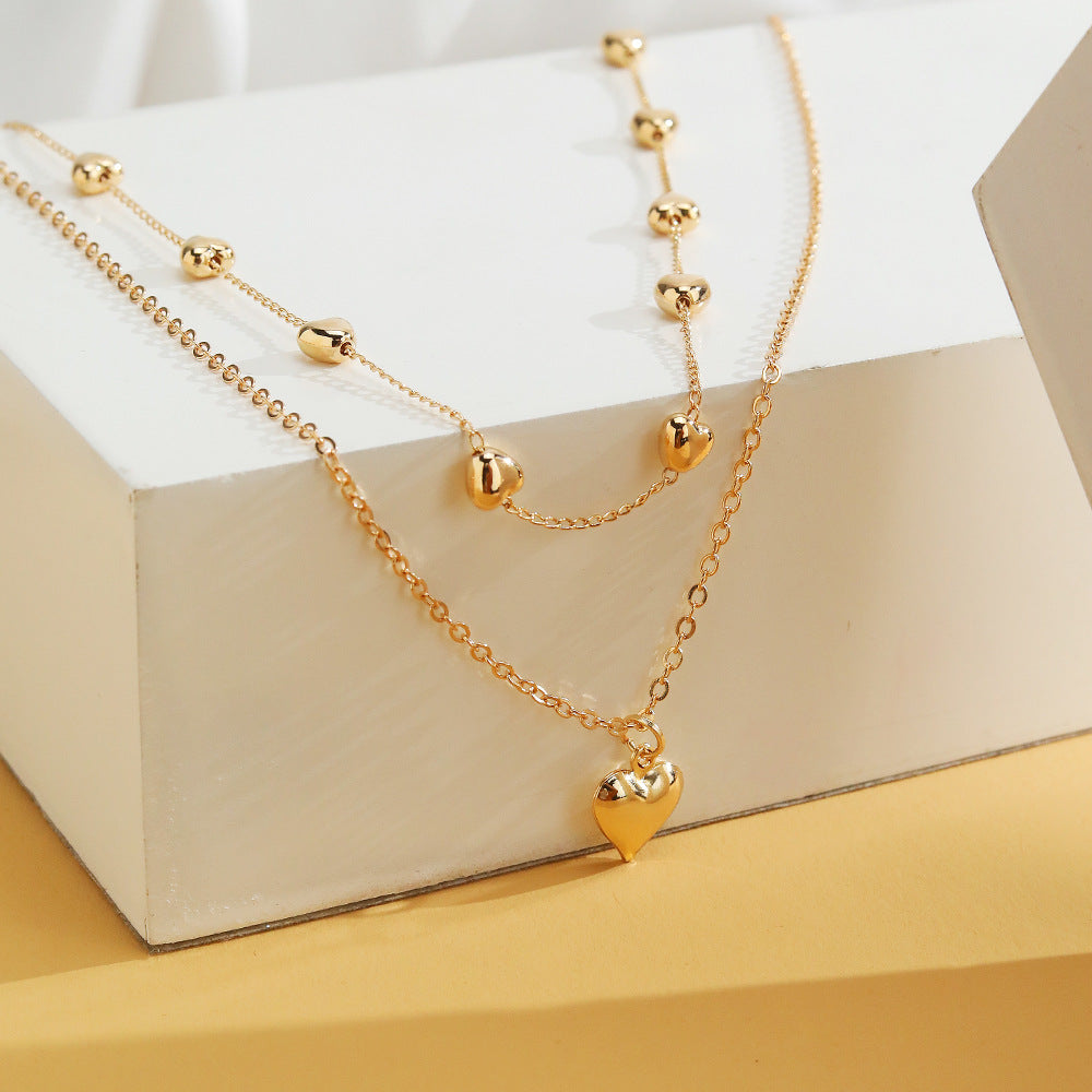Double-Layer Heart Pendant Necklace – Gold Multilayer Fine Chain Jewelry for Women