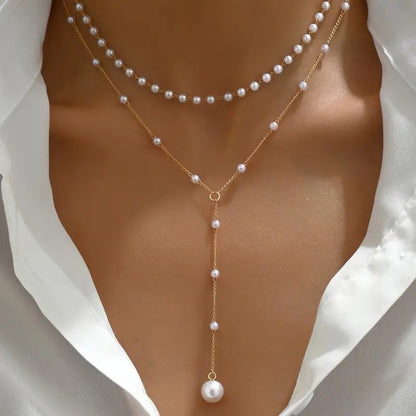 Women’s Double Layer Pearl Necklace – Twin Pearl Pendant Elegant Jewelry