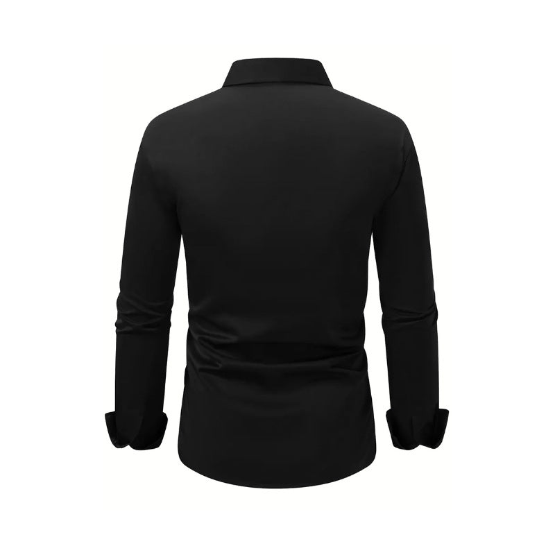 Men’s Long Sleeve Button-Down Shirt – Solid Color Business Casual Lapel Top