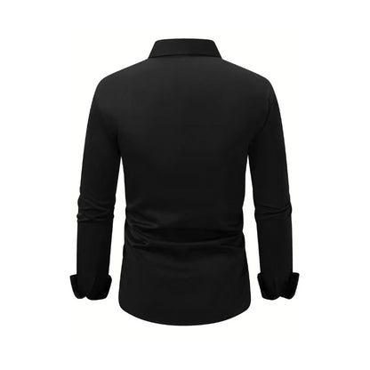 Men’s Long Sleeve Button-Down Shirt – Solid Color Business Casual Lapel Top