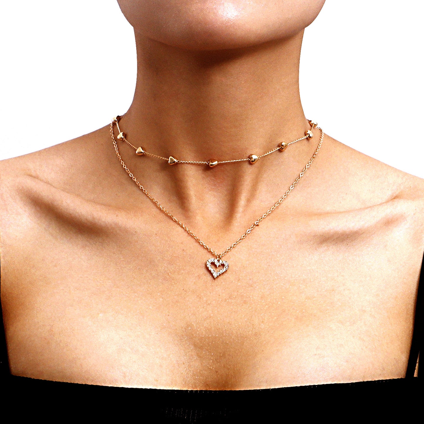 Double-Layer Heart Pendant Necklace – Gold Multilayer Fine Chain Jewelry for Women