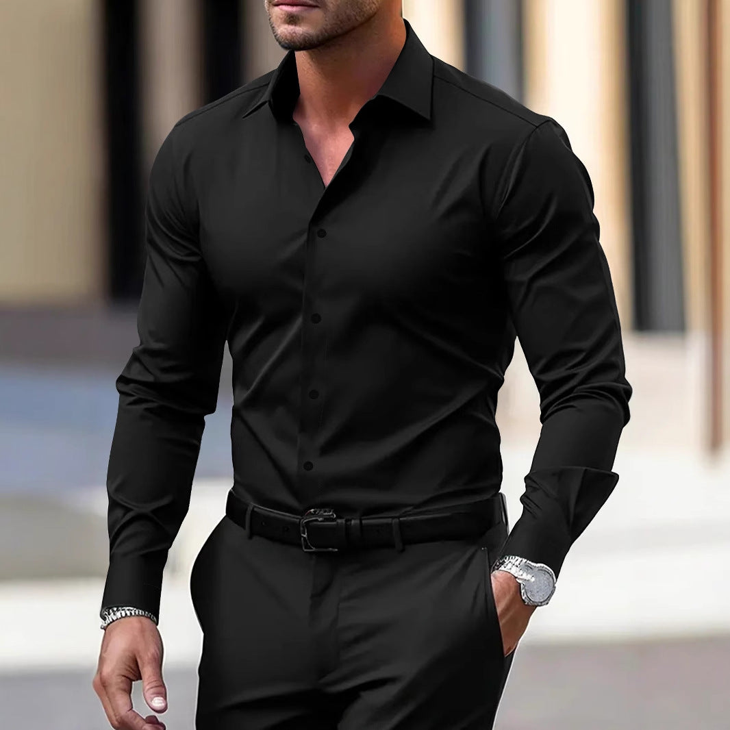 Men’s Long Sleeve Button-Down Shirt – Solid Color Business Casual Lapel Top