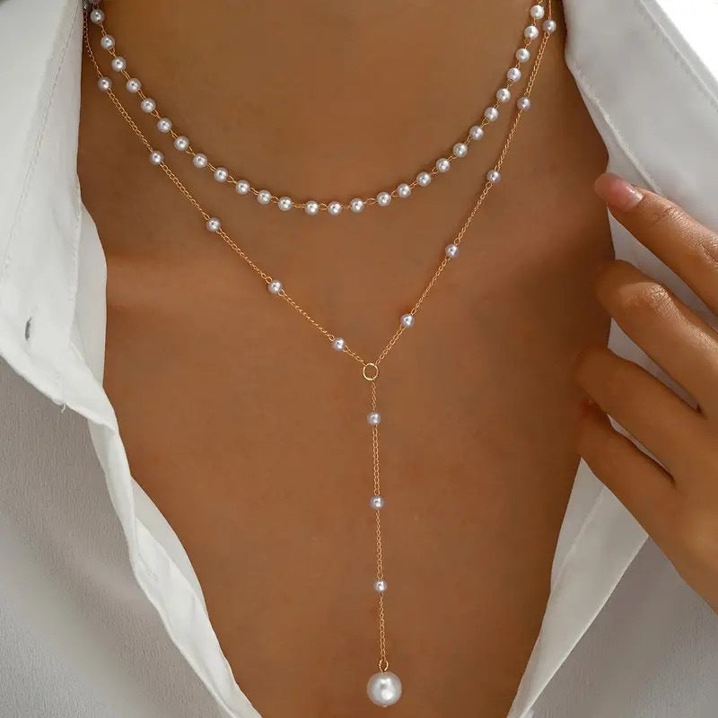 Women’s Double Layer Pearl Necklace – Twin Pearl Pendant Elegant Jewelry