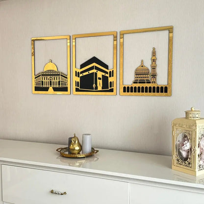 Three Blessed Mosques Wooden Islamic Wall Art | Masjid Al-Aqsa, Kaaba & Masjid An-Nabawi Decor