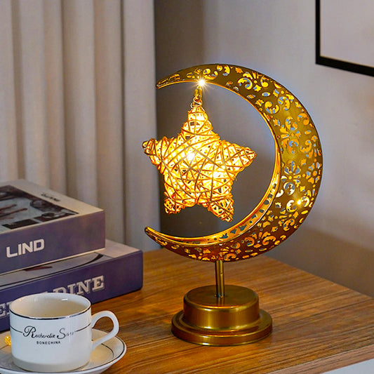 Ramadan Crescent Moon Table Lamp - Gold Hollow Night Light