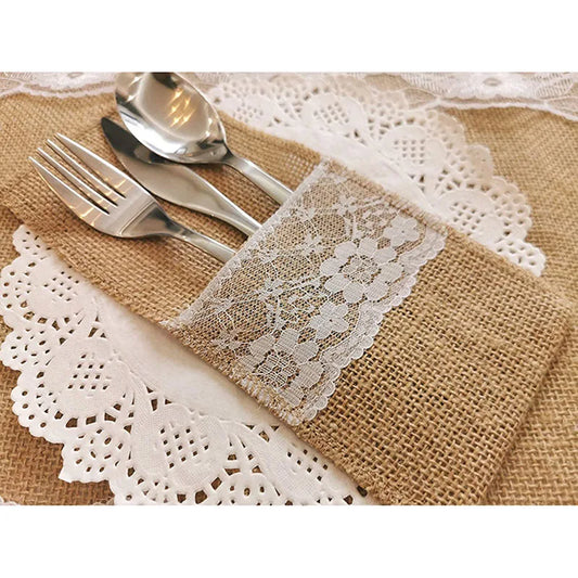 Eid Mubarak Burlap Cutlery Bags | Set of 10 Ramadan Party Table Decor | Islamic Celebration Tableware