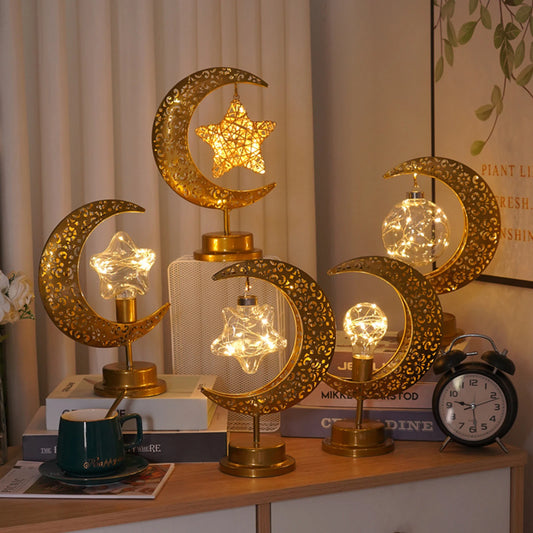 Ramadan Crescent Moon Table Lamp - Gold Hollow Night Light