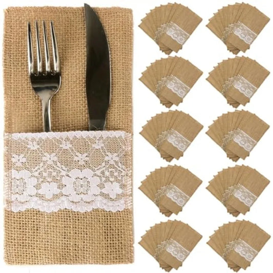 Eid Mubarak Burlap Cutlery Bags | Set of 10 Ramadan Party Table Decor | Islamic Celebration Tableware