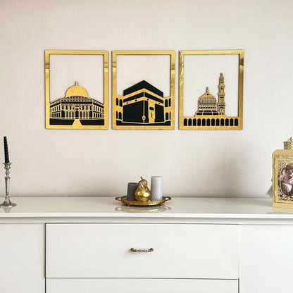 Three Blessed Mosques Wooden Islamic Wall Art | Masjid Al-Aqsa, Kaaba & Masjid An-Nabawi Decor