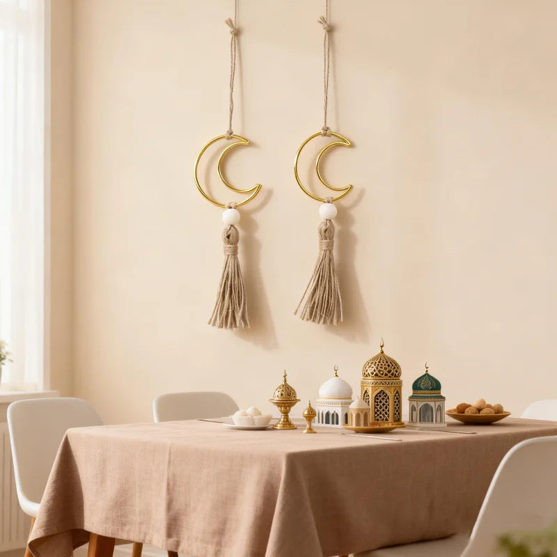 Ramadan Moon Wooden Beads Ornament - Tassel Wall Decor