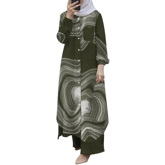 Women's 2-Piece Turkish Set | Long Sleeve Button-Up Shirt & Wide-Leg Pants | Modest Muslim Outfit S–5XL