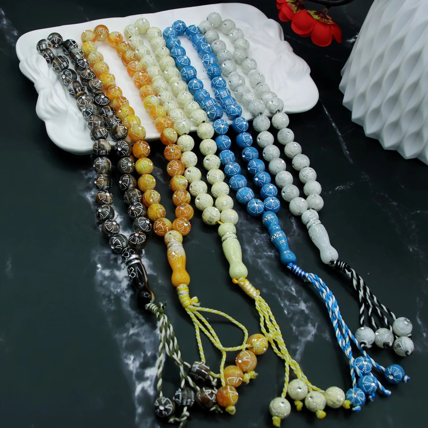 5-Pack Resin Tasbih Prayer Beads | 8mm 33-Bead Islamic Rosary Bracelet & Necklace | 6 Colors