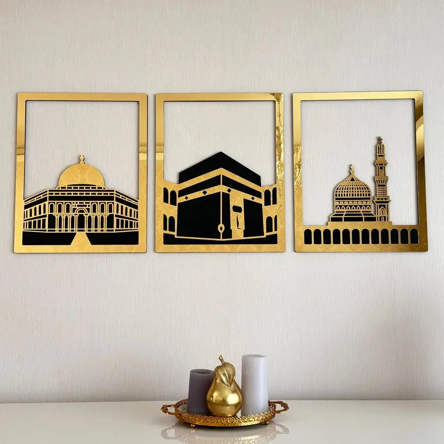 Three Blessed Mosques Wooden Islamic Wall Art | Masjid Al-Aqsa, Kaaba & Masjid An-Nabawi Decor