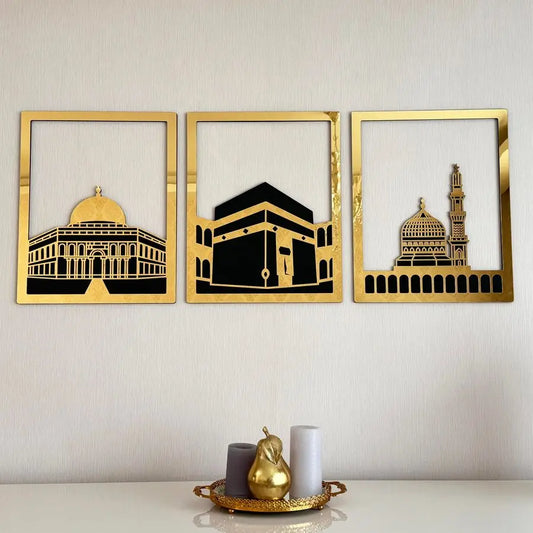 Three Blessed Mosques Wooden Islamic Wall Art | Masjid Al-Aqsa, Kaaba & Masjid An-Nabawi Decor