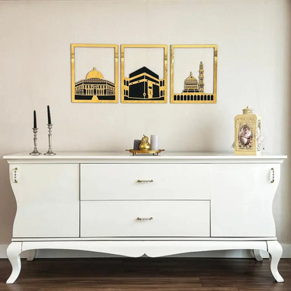 Three Blessed Mosques Wooden Islamic Wall Art | Masjid Al-Aqsa, Kaaba & Masjid An-Nabawi Decor