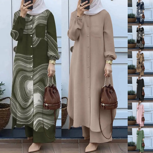 Women's 2-Piece Turkish Set | Long Sleeve Button-Up Shirt & Wide-Leg Pants | Modest Muslim Outfit S–5XL
