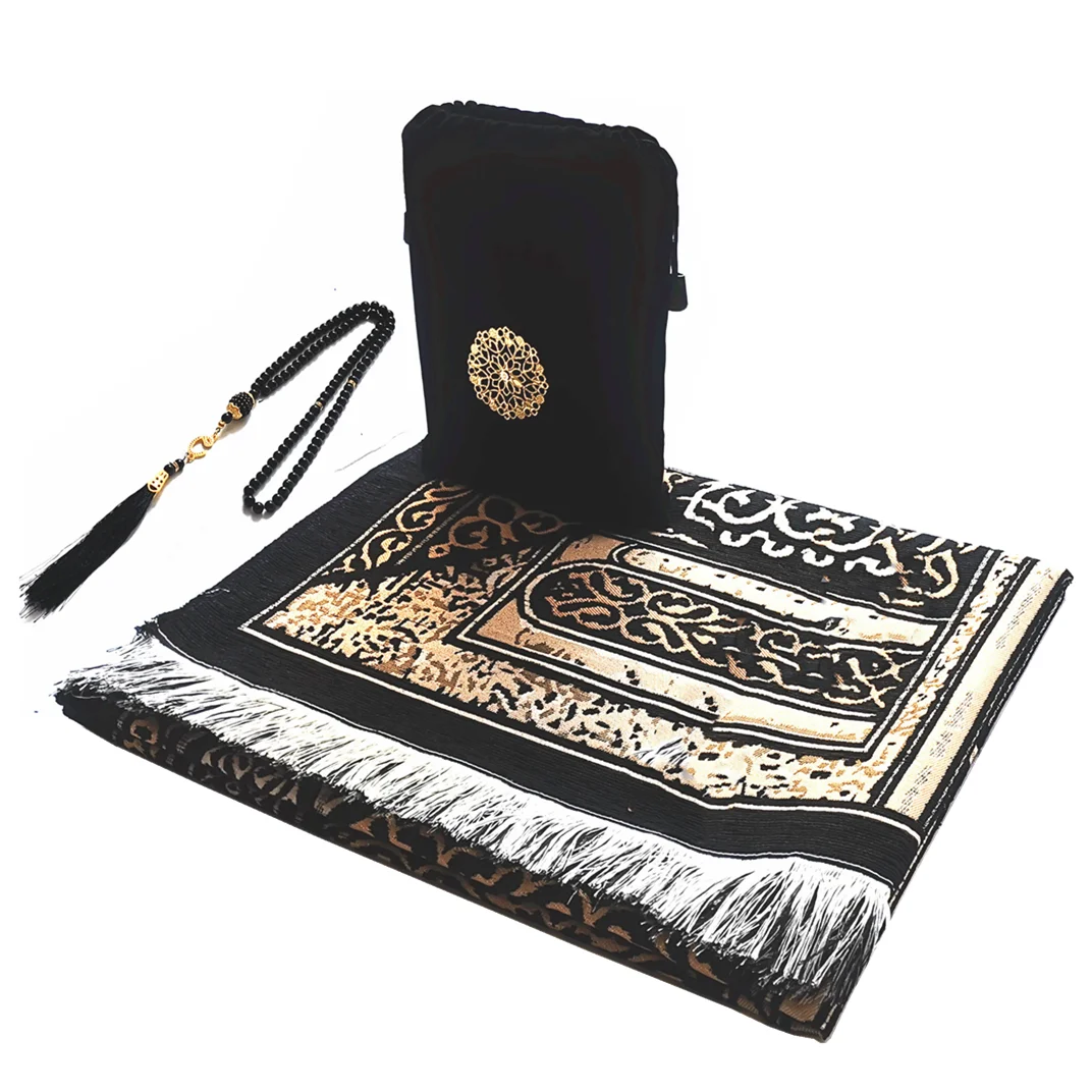 Islamic Chenille Prayer Rug Set | Washable Portable Muslim Prayer Mat with Bag & Tasbih | 5 Designs
