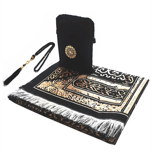 Islamic Chenille Prayer Rug Set | Washable Portable Muslim Prayer Mat with Bag & Tasbih | 5 Designs
