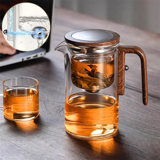 Magnetic Glass Teapot with One-Click Separation – Wood Handle & Built-In Filter for Loose Leaf Tea
