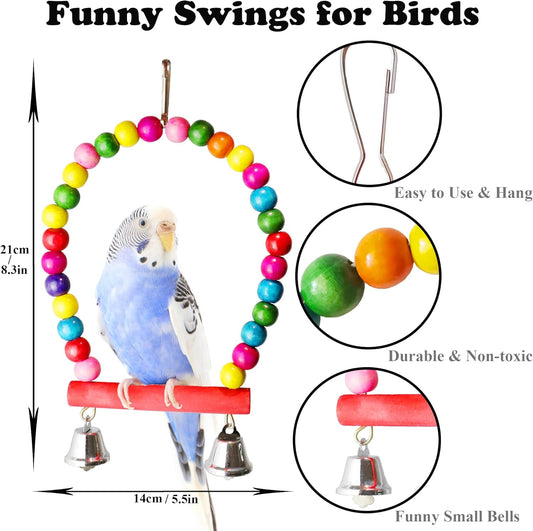 8 Pcs Bird Parakeet Cockatiel Parrot Toys, Hanging Bell Pet Bird Cage Hammock Swing Climbing Ladders Toy Wooden Perch Chewing Toy for Small Parrots, Conures, Love Birds, Finche
