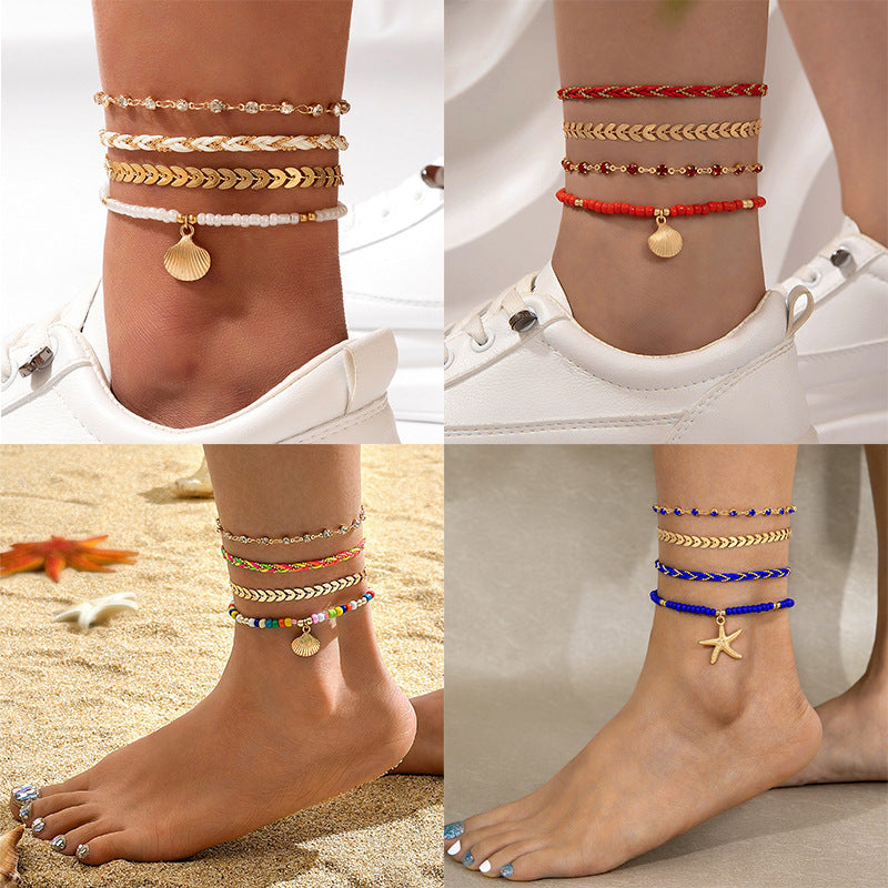 4-Piece Bohemian Anklet Set – Woven Rope & Geometric Alloy Foot Chains with Black Beads for Women