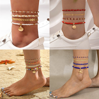 4-Piece Bohemian Anklet Set – Woven Rope & Geometric Alloy Foot Chains with Black Beads for Women