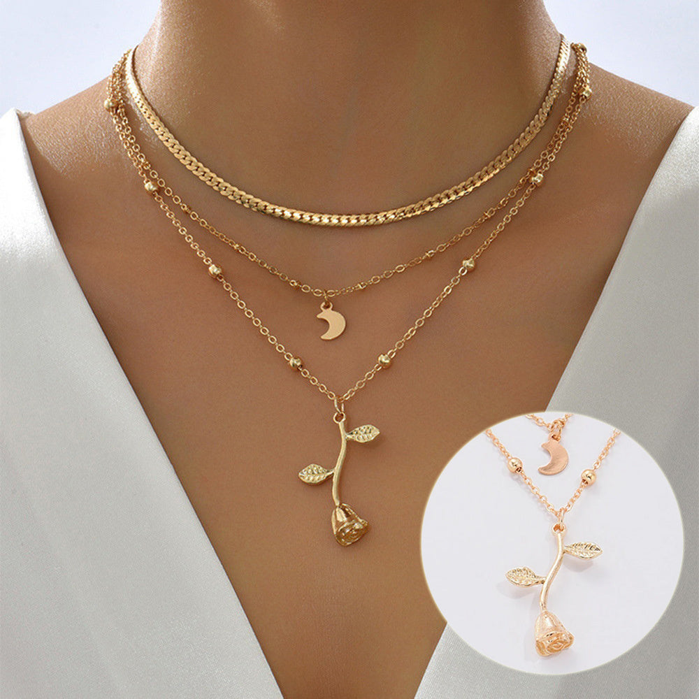 Bohemian Layered Moon & Rose Pendant Necklace – Gold Choker for Women, Fashion Jewelry Gift