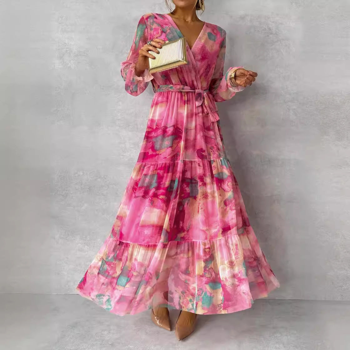 Women’s Long-Sleeve Floral Chiffon Maxi Dress – Elegant V-Neck, High-Waisted Pleated Swing Gown