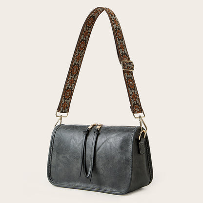 Women's Bohemian Crossbody Tote – Retro Solid Color Bag with Wide Shoulder Strap