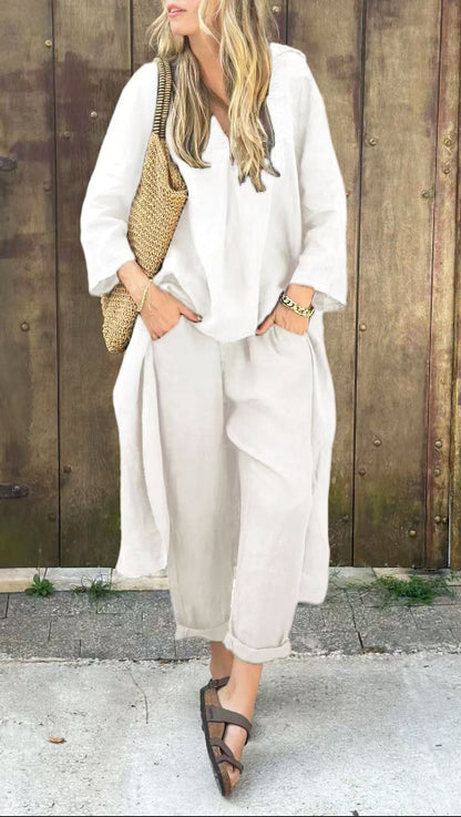2-Piece Women’s V-Neck Suit Set – Long Sleeve Top & High-Waisted Wide Leg Pants with Pockets