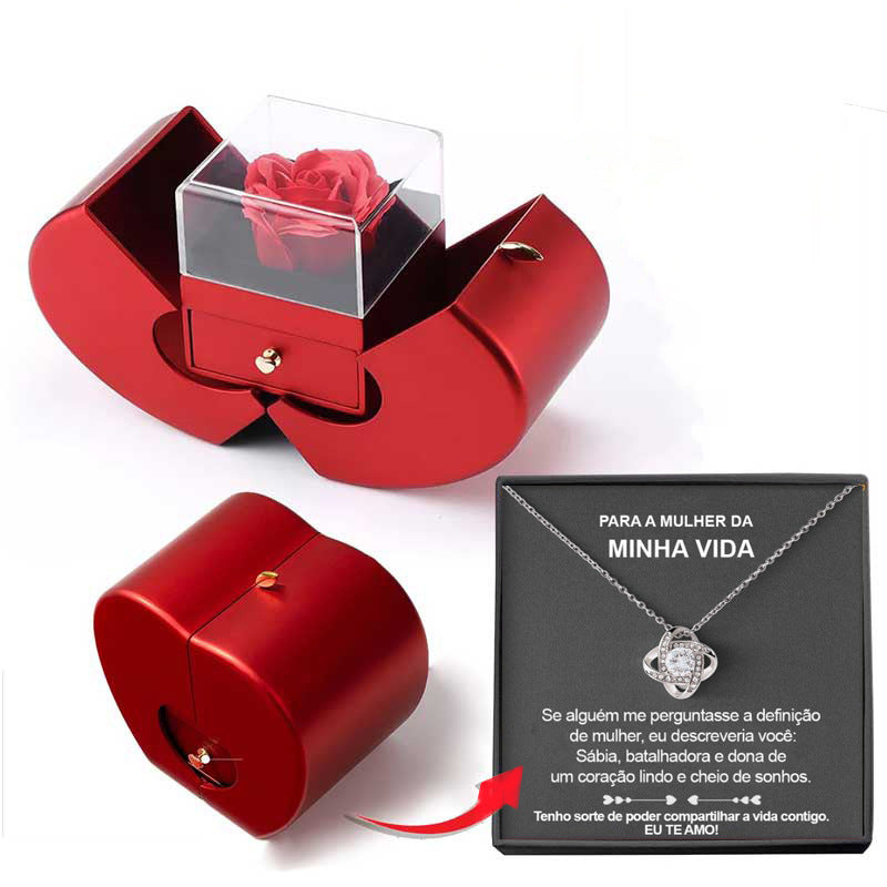 Eternal Rose Jewelry Box – Red Apple Gift Box with Artificial Rose Flower & Necklace for Girls